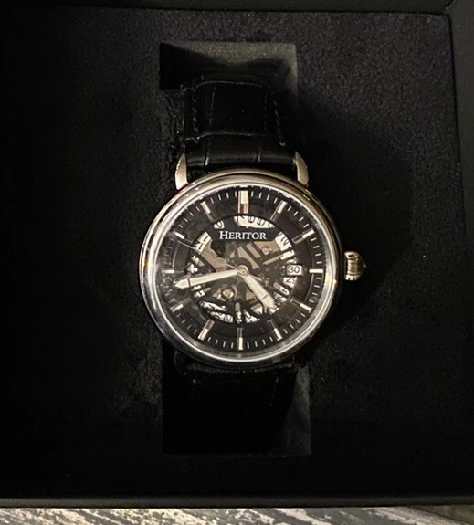 HERITOR Mattias Automatic Black Leather Men's Watch With Date Indicator Hr8402