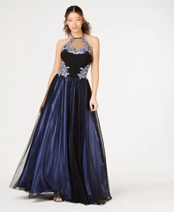 Blondie Nites Junior Satin Sequined Applique Halted Formal Dress Size 9 - Picture 1 of 4