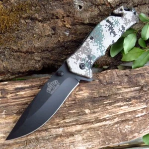 SPRING-ASSIST FOLDING POCKET KNIFE | Tactical Green Army Digital Black Blade EDC - Picture 1 of 12