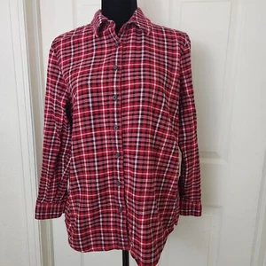 Lands End Flannel Shirt Women's 14-16 Large Red Plaid Cotton Button Up - Picture 1 of 10