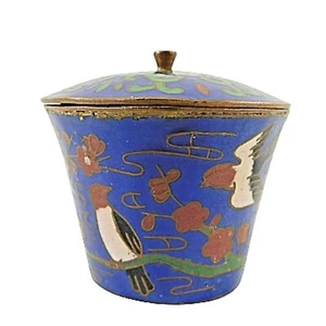 Antique Song Birds Snuff Box Spice Pot Canister Cloisonné Blue Enamel 2" - Picture 1 of 7
