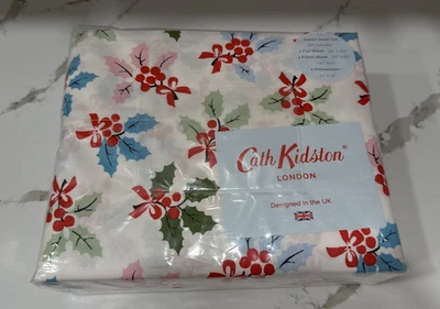 Cath Kidston London 4pc QUEEN Cotton ~ Christmas Holly ~ Sheet Set NIP - Image 1 of 4