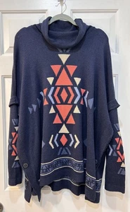 J. Jill Indigo Blue Poncho Sweater Sz L Southwest Aztec Oversized Mature Coastal - Picture 1 of 8