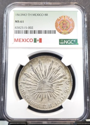 1863 Mo TH MEXICO SILVER 8 REALES 8R NGC MS 61 RARE NICE MINT STATE COIN - Image 1 of 3