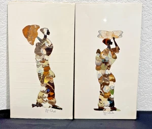 2 Vintage echte Schmetterlingsflügel Kunst Bilder afrikanischer Künstler signiert Jija 7" x 12,5" - Bild 1 von 7