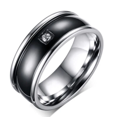 US SELLER STAINLESS STEEL BLACK BAND RING SINGLE WHITE GEM CHIP SIZE 7 wedding - Image 1 of 3