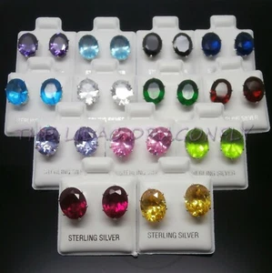 925 Sterling Silver Oval Birthstone Colour or Clear Diamante Stud Earrings UK - Picture 1 of 20