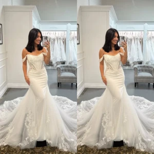 Mermaid Wedding Dresses Off Shoulder Lace Appliques Beach White IvoryBridal Gown - Picture 1 of 9
