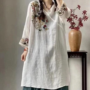 Mujeres Étnico Bordado Vestido Prendas para el torso Chino Floral Midi Cuello en V Camisa Retro - Imagen 1 de 17