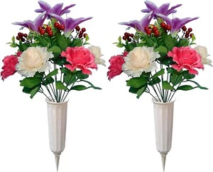 Artificial Memorial Flowers With Vases For Grave Cemetery Decorations 3 Lilies - Picture 1 of 6
