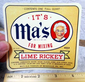 Vintage new old stock Original Label, Ma's for mixing Lime Rickey, Meadville PA - Picture 1 of 1