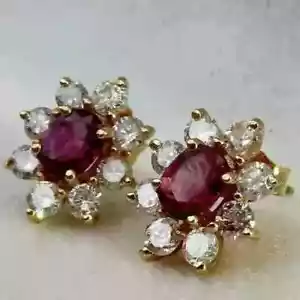 Lab Created Red Ruby 2.50Ct Oval Cut Flower Stud Earrings 14K Yellow Gold Plated - Picture 1 of 8