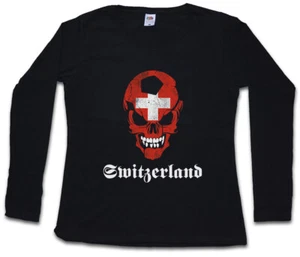 BLACK SWITZERLAND FOOTBALL SKULL FLAG DAMEN LANGARM T-SHIRT Fußball Fan Schweiz - Picture 1 of 1