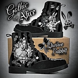 Gothic Black White Alice In Wonderland Boots Xmas Custom Flat Shoe 3 4 5 6 7 8 - Picture 1 of 12