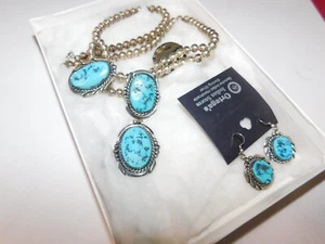 ORTEGA HAND MADE .925 (SILVER) W/TURQUOISE STONES NECKLACE & EARRINGS (EB52) - Picture 1 of 10