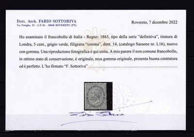 REGNO D'ITALIA - 1863 - 5 CENT. TIRATURA LONDRA SASSONE N. L16 MLH CERTIFICATO - Immagine 1 di 3