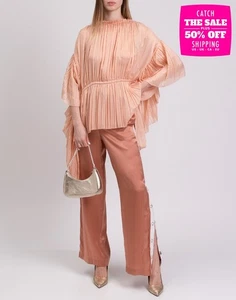 RRP€445 EQUIPMENT Silk Satin Straight Trousers Size S Pink High Waist Striped - Picture 1 of 10