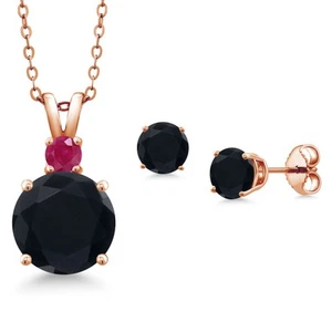 18K Rose Gold Plated Silver Onyx and Ruby Pendant Earrings Set For Women (4.20 - Picture 1 of 3
