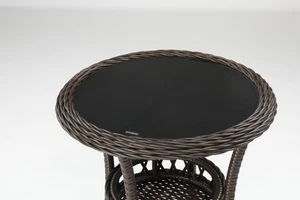 In/Outdoor Double Layer 20" Brown Rattan Round Side Glass Table Modern Bedside - Picture 1 of 8