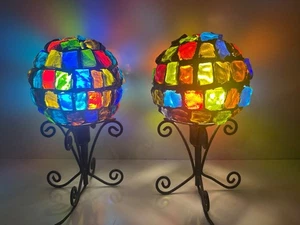 Vintage 1960s Chunk Glass Mid-Century Modern Candy Glass Lamps On Wrought Iron S - Picture 1 of 14