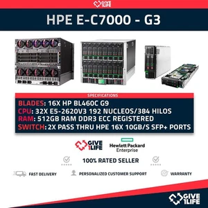 Chassis HP E-C7000 G3 + 16 x Blades BL460C Gen9 E5-2620 V3 512GB RAM 192CO/38... - Imagen 1 de 5