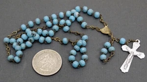 Lovely! ANTIQUE Vintage OPAQUE BLUE MILK GLASS Bead CATHOLIC ROSARY / Crucifix - Picture 1 of 3