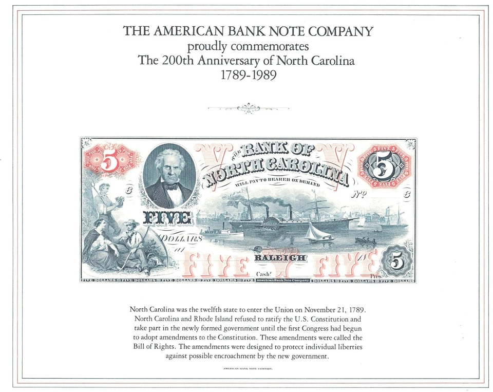 1989 200th Anniversary Of North Carolina $5 ABNC Souvenir Card - Image 1 of 1