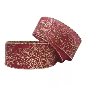 2.5" x 50 Yards Burgundy & Gold Glitter Floral Poinsettia Wired Holiday Ribbon - Picture 1 of 1