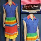 lata 70. Vintage Peggy Lane Kołnierz sztyletu Tęczowa sukienka w paski