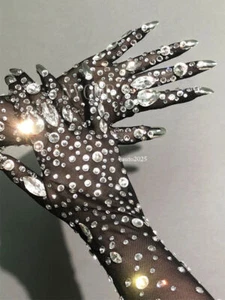 Mesh Shining Crystals Gloves Rhinestones Stretch Long Mittens Accessories - Picture 1 of 24