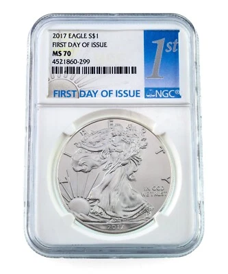 2017 $1 Silver American Eagle Valutato Da NGC Come MS70 FDOI - Immagine 1 di 4