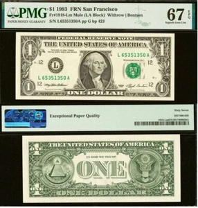 1993 $1 Federal Reserve Note PMG 67EPQ - Top Pop Highest Graded  - LA Block - Picture 1 of 4