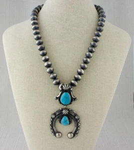 Sterling Silver Bead Necklace With Natural Kingman Turquoise Naja - Picture 1 of 5