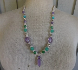 Amethyst Double Terminated Point Adjustable Hemp Necklace Choker Amazonite Beads - Picture 1 of 8