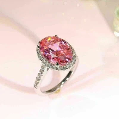 Anillo de mujer con halo de diamantes de zafiro rosa ovalado creado en laboratorio de 3 quilates enchapado en oro blanco de 14 quilates Foto 1 de 4