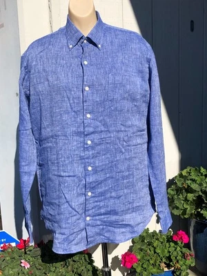 PETER MILLAR CROWN Long Sleeve Button Down Shirt LARGE Linen BLUE - Image 1 of 4