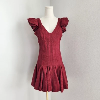 Free People Red Ruffle Drop Waist Mini Dress Textured Jacquard V Neck 2 - Image 1 of 4