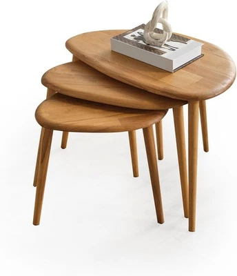 Oak Wood Nesting Coffee Table Set of 3 Mid-Century Modern Oval Living Room - Image 1 of 4