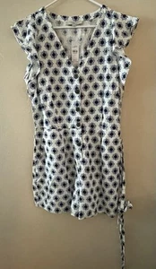 LOFT Flutter Short Sleeve VNeck Button Up Romper Size 12 Blue and White Floral - Picture 1 of 9