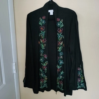 Silk Assets XL Black Floral Embroidered Silk Knit Bell Sleeve Cardigan Office  - Image 1 of 4