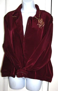 VTG TEDDI Burgundy SILKY Smooth Jacket Gold Trim Button/zip Long-sleeve Wm. PXL - Picture 1 of 15