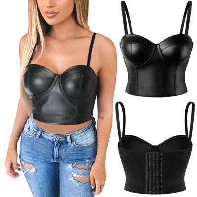 Mujeres Sexy Cuero Corsé Top Crop Bustier Gótico Sujetador Push Up Corpiño Lencería Foto 1 de 4