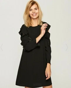 Reserved Long Sleeve Cold Shoulder Zip Back Ruffle Dress Size 12 Uk BNWT Black - Picture 1 of 2