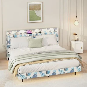 Floating Bed Frame Queen Size w/ LED Light Charging Station Hidden Storage Space - Picture 1 of 9
