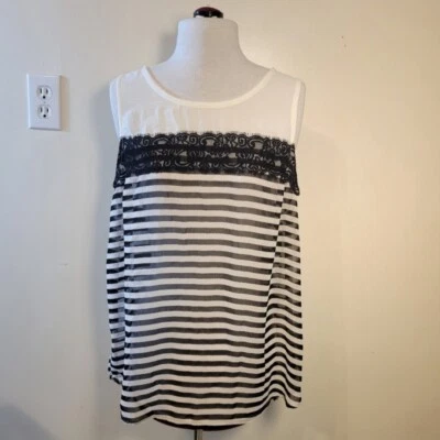 NWT Francesca's Women’s Large Sheer Black White Striped High Low Tank Top - Image 1 of 4