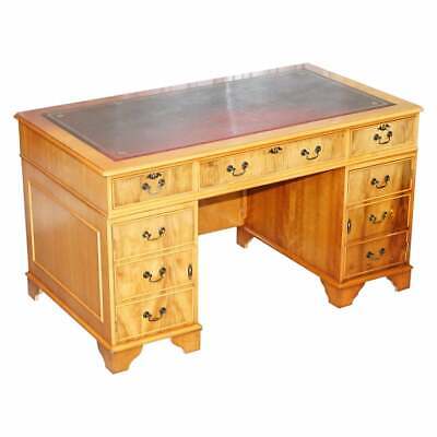 Vintage Burr Satinwood Kneehole Partner Desk Oxblood Leather Top Panelled Back • 2273.65£