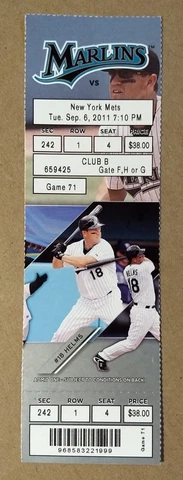 Miami Florida Marlins Ticket Stub 09-06-11 vs Mets Wes Helms - Lot #1 Cover