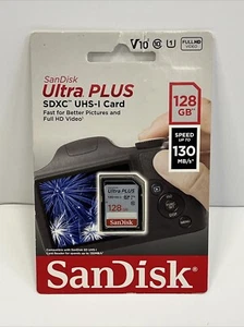 Carte mémoire SanDisk Ultra Plus 128 Go 130 Mo/s SDXC UHS-I vidéo HD scellée NEUF - Photo 1 sur 2