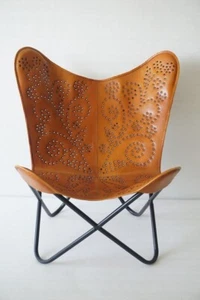 Handmade Antique Leather Lounge Accent Butterfly Relax Arm Chair Vintage Folding - Picture 1 of 5