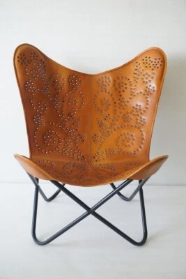 Handmade Antique Leather Lounge Accent Butterfly Relax Arm Chair Vintage Folding - Image 1 of 4